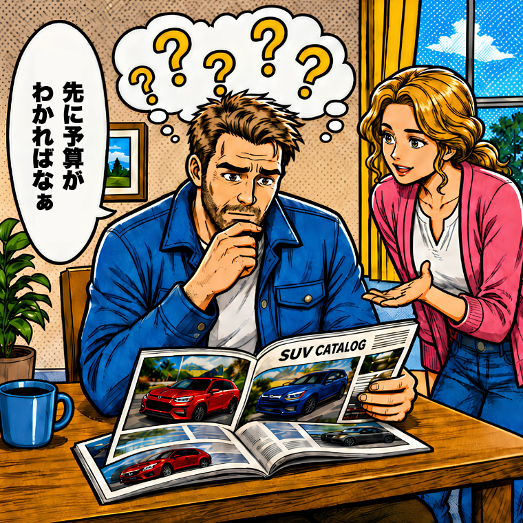 自宅で車選びの予算について悩む夫婦